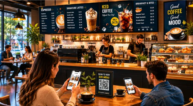 Customer using a smartphone for contactless ordering at a restaurant table